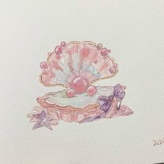 a watercolor drawing of a pink shell with pearls on it's side and a purple bow