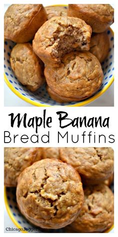 two pictures of maple banana bread muffins in a yellow and white bowl with the words maple banana bread muffins