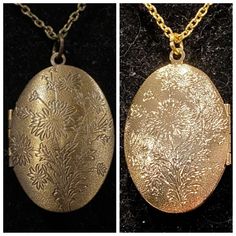 Necklace is gold, or antique bronze in color Measures 18, or 24 inches in length Locket measures 1.5 inches in length and 1 inch in width Gold Brass Locket Necklace For Formal Events, Formal Gold Brass Locket Necklace, Gold Metal Flower Necklace For Wedding, Gold Brass Locket Necklace For Formal Occasions, Antique Gold Oval Necklace With Vintage Charm, Antique Gold Metal Locket Necklace, Antique Gold Flower Jewelry, Gold Metal Locket Necklace For Wedding, Gold Flower Necklace With Vintage Charm