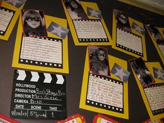 a bulletin board with pictures and movie claps on it