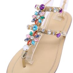 FREE SHIPPING Women Rhinestones Chains Gladiator Flat Sandals JKP1615 Multicolor Rhinestone Sandals For Spring, Multicolor Rhinestone Beach Sandals, Multicolor Rhinestone Sandals For Summer, Summer Multicolor Sandals With Rhinestones, Summer Jeweled Open Toe Sandals, Trendy Crystal Embellished Sandals For Summer, Flat Sandals With Rhinestones For Spring, Spring Flat Sandals With Rhinestones, Gladiator Flats