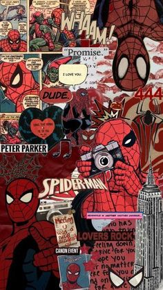 spider - man collage with comic characters and the words, love is in the air