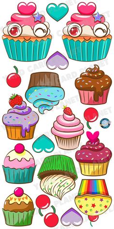 Festive Cupcakes, Cherries and Hearts Yard Card Flair Set Cupcakes Drawing Cute, Donuts Stickers, Cupcake Painting Easy, Cupcake Pictures Image, Cupcakes Painting, Cupcake Canvas Painting, Cupcake Clip Art Cute, Cupcake Signs, Cupcake Drawing