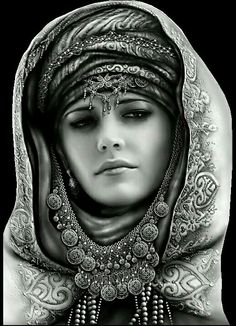 a black and white photo of a woman wearing a head piece with jewelry on it