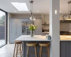 a kitchen with two stools next to an island