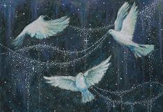 three white doves flying in the night sky with stars and sparkles on them