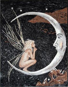 an artistic painting with a woman sitting on the moon