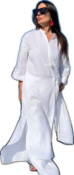 Long Sleeve Linen Kurta For Work, Elegant Collared Beach Shirt, Fitted Stand Collar Blouse For Summer, Summer Stand Collar Blouse For Workwear, Fitted Summer Blouse With Stand Collar, Summer Workwear Blouse With Stand Collar, Casual Long Kurta For Spring, Spring Casual Long Kurta, Elegant V-neck Kurta For Summer