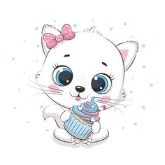 a white cat holding a cupcake with blue eyes