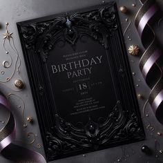 a black and gold birthday party card with purple ribbons, streamers and confetti