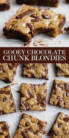 gooey chocolate chunk blondies are stacked on top of each other and ready to be eaten