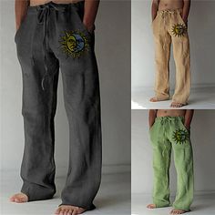 Season:Spring  Summer; Fabric:Polyester,Linen Like Fabric; Gender:Men's; Style:Big and Tall,Fashion,Designer; Occasion:Casual,Daily; Fit Type:Regular Fit; Function:Comfort,Soft; Waistline:Mid Waist; Pattern:Sun,Graphic Prints; Design:3D Print,Front Pocket,Elastic Drawstring Design; Pants Type:Trousers,Straight; Fly Type:Drawstring; Front page:FF; Listing Date:04/02/2022; Production mode:External procurement; Hips:; Length:; Waist:; Special selected products:BasicCollection; Print Type:3D Print Hippie Pants For Men, Beach Harem Pants Non-stretch Straight Leg, Mens White Trousers, Non-stretch Beach Pants With Pockets, Bohemian Wide-leg Drawstring Pants, Men’s Harem Pants, Big And Tall Style, Mens Linen Pants, Cotton Linen Pants