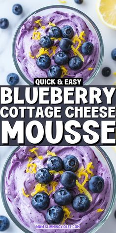 two bowls filled with blueberry cottage cheese mousse next to an orange slice