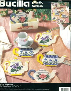 the cover of a cross stitch pattern for tea set