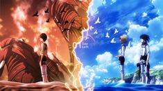 two anime characters standing in front of an ocean with birds flying over them and clouds