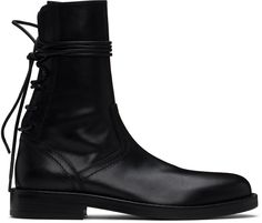 Ankle-high buffed calfskin boots in black. · Zip closure at inner side · Wraparound lace-up closure at heel · Grained leather lining · Topstitching at welt · Stacked leather block heel with rubber injection · Stacked leather midsole · Nubuck sole · Heel: H1.5 Supplier color: Black Leather Block Heels, Ann Demeulemeester, Black Ankle Boots, Casual Boots, Apparel Accessories, Boots Men, Calf Skin, Black Boots, Block Heels