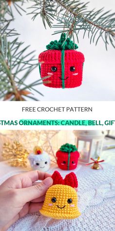 crochet christmas ornament pattern with text overlay that reads free crochet pattern christmas ornaments and candle bell, gift