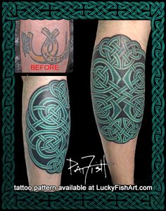 a tattoo cover up with celtic designs on the legs