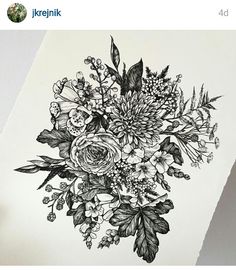 a bouquet of flowers is drawn in black and white on a piece of paper with the words