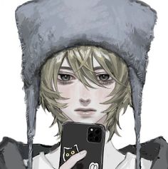 a drawing of a person wearing a hat and holding a cell phone