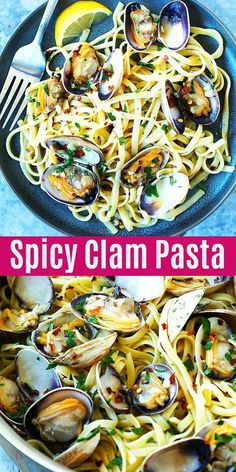 two pictures of pasta with clams and lemon wedges on the side, in a skillet