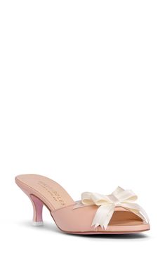 An elegant satin bow enriches the vamp of a slide sandal set on a cushioned footbed and kitten heel. 2" heel Memory foam cushioning Leather and textile upper/leather lining and sole Made in Italy Pink Low Heels, Princess Heels, Lace High Heels, Inspo Pics, Pink Sandals, Aesthetic Shoes, Pink Heels, Satin Bow, Rich Girl