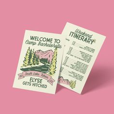 two pamphlets with the words welcome to camp bachelorette and flyse gets hitched