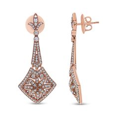 Give your earrings a charming trip to Paris with these Diamond Fleur-de-lis Earring Charms in 18K Rose Gold. These drop and dangle earrings are crafted from elegant 18K Rose Gold and set with over 200 natural diamonds for a brilliant sparkle. The earrings themselves are meticulously crafted and feature multiple design motifs including a floral pattern at the bottom. The diamonds are set in a combination of pave and bezel set diamonds for exquisite sparkle. The design works itself up to the names Gold Diamond Earrings Studs, Gold Diamond Studs, Trip To Paris, Earring Charms, Bezel Set Diamond, Rose Gold Diamonds, Ring Collections, Diamond Earrings Studs, Diamond Studs