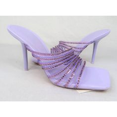 Brand Ne W/ Tag Women's Sz 8 Eu 39 Vinyl Strands Embellished W/ Rhinestones Square Toe Padded Insole Stiletto Heels Heel: 3.5" Smoke, Pet-Free Lavender Open Toe Heels For Party, Purple Crystal Embellished Heels For Evening, Purple Crystal Embellished Evening Heels, Lavender Heels For Summer Party, Elegant Purple Synthetic Heels, Purple High Heel Shoes For Events, Purple Rhinestone Pointed Toe Heels, Chic Purple Heels With Rhinestones, Purple Rhinestone Heels For Formal Occasions