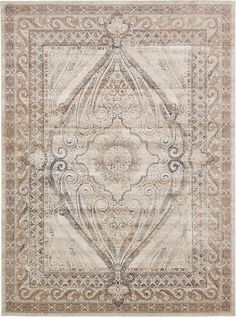 an antique style rug with intricate design in beige and brown tones, on a white background