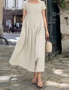 Women‘s Casual Dress Linen Dress Long Dress Maxi Dress Army Green Khaki Navy Blue Short Sleeve Pure Color Ruched Spring Summer Square Neck Basic 2023 S M L XL XXL 3XL 4XL 5XL Plain Dress Casual, Casual Frocks, Cotton Long Dress, Long Linen Dress, Midi Sundress, Plain Dress, Linen Casual, Maxi Robes