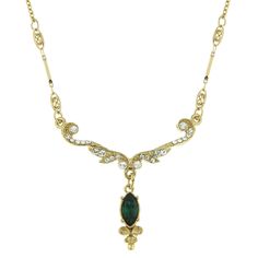 Dazzling Vintage Inspired Emerald Crystal Necklace-17509 - Blanche's Place Vintage Gold Emerald Necklace For Formal Occasions, Ornate Green Necklace For Formal Occasions, Vintage Gold Necklace With Emerald, Vintage Gold Necklace For May Birthstone, May Birthstone Gold Vintage Necklace, Scallop Collar, Edwardian Necklace, Classic Jewelry Pieces, Belle Epoch