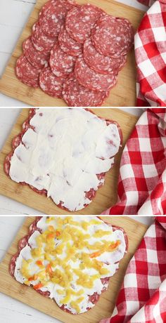 four different types of salamis on cutting boards with red and white checkered table cloth