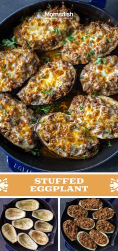 stuffed eggplant in a cast iron skillet with cheese and seasoning on top