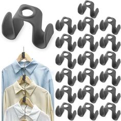 clothes hangers and clips are shown next to shirts