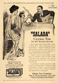 an old advertisement for salada tea with two people sitting at a table and talking