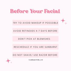 What to do before your professional facial with an esthetician Different Types Of Professional Facials, Skin Care Line Ideas, Esthetician For Beginners, Captions For Estheticians, Esthetician Promotion Ideas, Esthetician Checklist, Esthetician Aesthetic Wallpaper, Esthetician Advice, Esthetician Services List