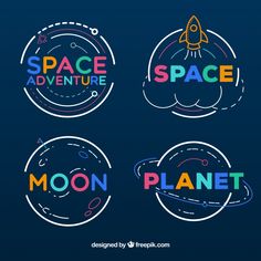 four badges with the words space adventure, moon planet and rocket in different colors on a dark blue background