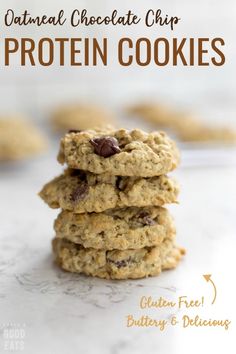 oatmeal chocolate chip protein cookies stacked on top of each other with text overlay