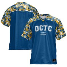 a blue and yellow baseball jersey with the words otc on it in white letters