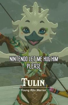 a cartoon character holding a bow and arrow with the caption, nintendo let me hug him please tulin young rio warrior