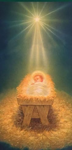 a painting of a baby in a manger with the light shining down on him