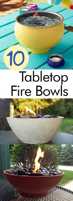 a bowl filled with fire bowls sitting on top of a table