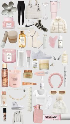 a collage of women's personal care items