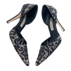 Manolo Blahnik Shoes Women’s Lignon Fabric Black Lace D'orsay High Heels Size 39 Gorgeous designer heels in excellent preowned condition. See photos for specific details and signs of wear. Black fabric with lace details. D’Orsay style. Hand made in Italy. Celebrity favorite. Heel height is 105 MM (approximately 4. 1/4 inches) Includes original box and dust bag. Original price $745 Formal Open Heel Leather Sole Heels, Formal Open Heel Shoes With Leather Sole, Low Heel Leather Sole Evening Heels, Low Heel Evening Heels With Leather Sole, Evening Low Heel Shoes With Leather Sole, Evening Heels With Leather Sole And Closed Toe, Evening Closed Toe Heels With Leather Sole, Designer Pointed Toe Heels For Gala, Evening Court Shoes With Leather Sole And Closed Toe