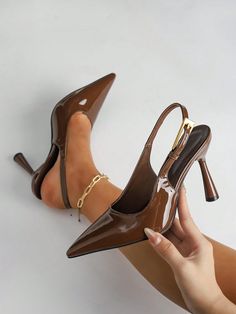 Women's High Heel Pointy Toe Fashion Ornament Patent Leather Backstrap Pumps Chocolate Brown Elegant    Colorblock,Plain    Women Shoes, size features are:Bust: ,Length: ,Sleeve Length: Classy Shoes Heels, Mui Mui, Shoes Hack, High Heel Mules, Slip On Pumps, Wide Fit Shoes, Buckled Heels, Slingback Shoes, Strap Shoes