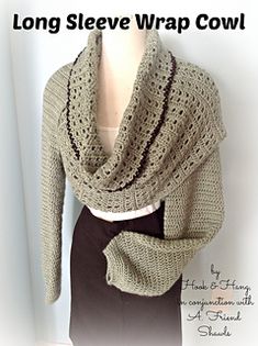 a knitted shawl is shown with the words, long sleeve wrap cowl