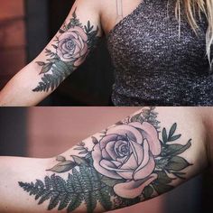 two pictures of the same woman's arm with flowers and leaves tattooed on it