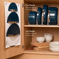 an organized kitchen cabinet with dishes and plates in it, labeled how to store them