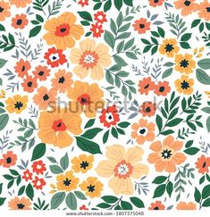 an orange and green floral pattern on white background